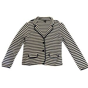 Ann Taylor Ivory Navy Striped Merino Knit Long Sleeve Blazer Lady Jacket Size L